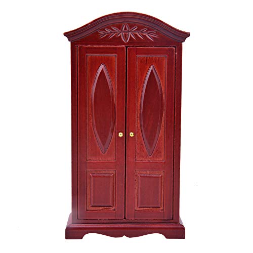 Alomejor Mini Vintage Double Door Closet Wardrobe, 1:12 Scale Dollhouse Furnitur for 1/12 Scale Dollhouse and Dolls (Burgundy)