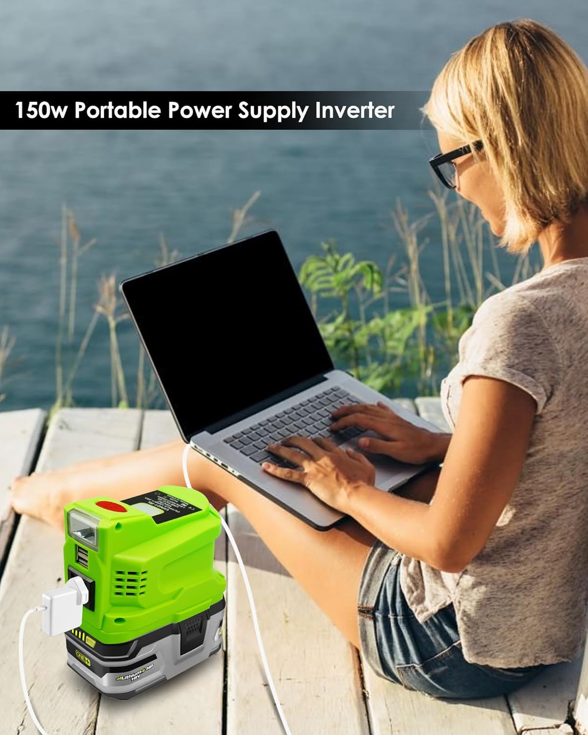 Portable Power Inverter Fit for Ryobi 18V Lithium Battery, Power Generator Inverter150W DC 18V to AC 110V-120V, Battery Inverter Power Station with AC Outlet Dual USB Outlet 200LM LED Light