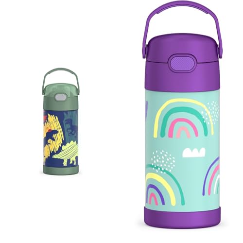 THERMOS FUNTAINER 12 Ounce Kids Insulated Water Bottles with Straw, Purple Hearts & Dreamy Patterns