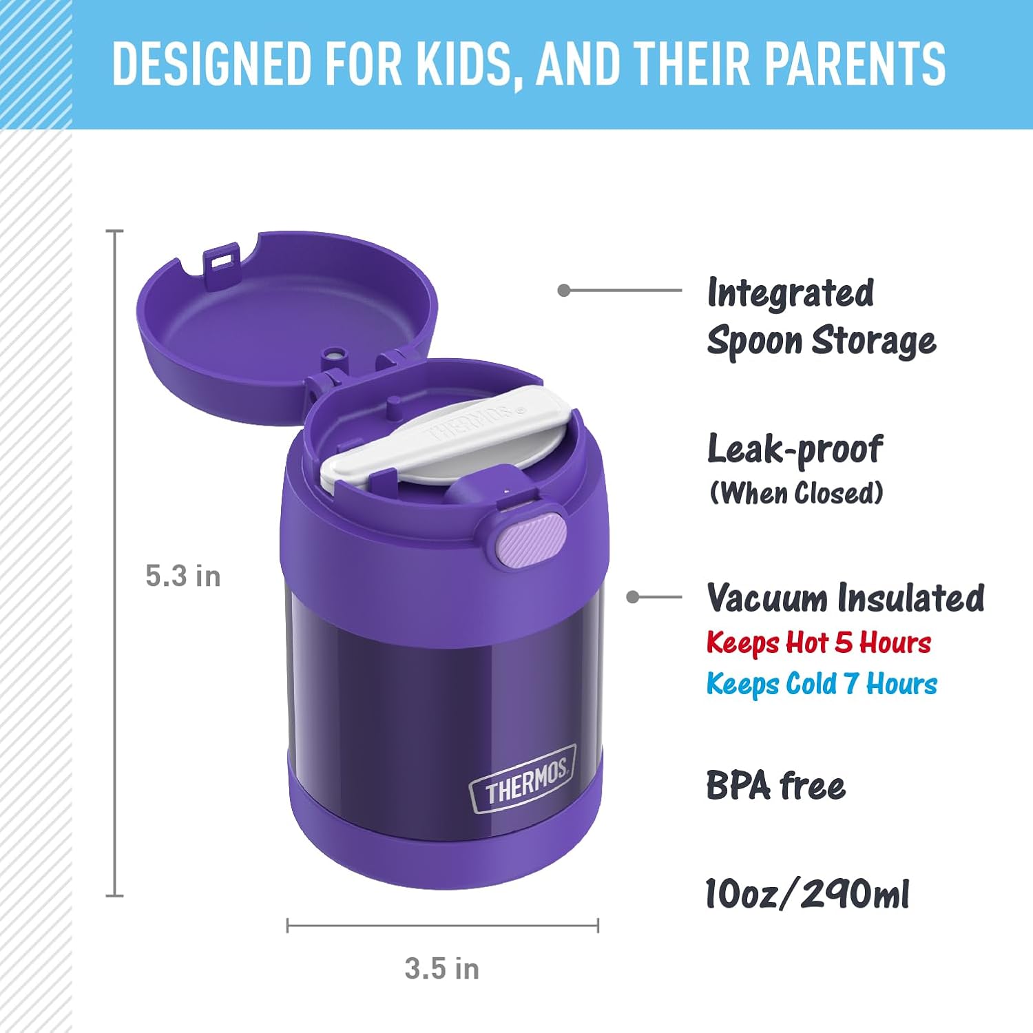THERMOS FUNTAINER Insulated Food Jar – 10 Ounce, Purple – Kid Friendly Food Jar with Foldable Spoon