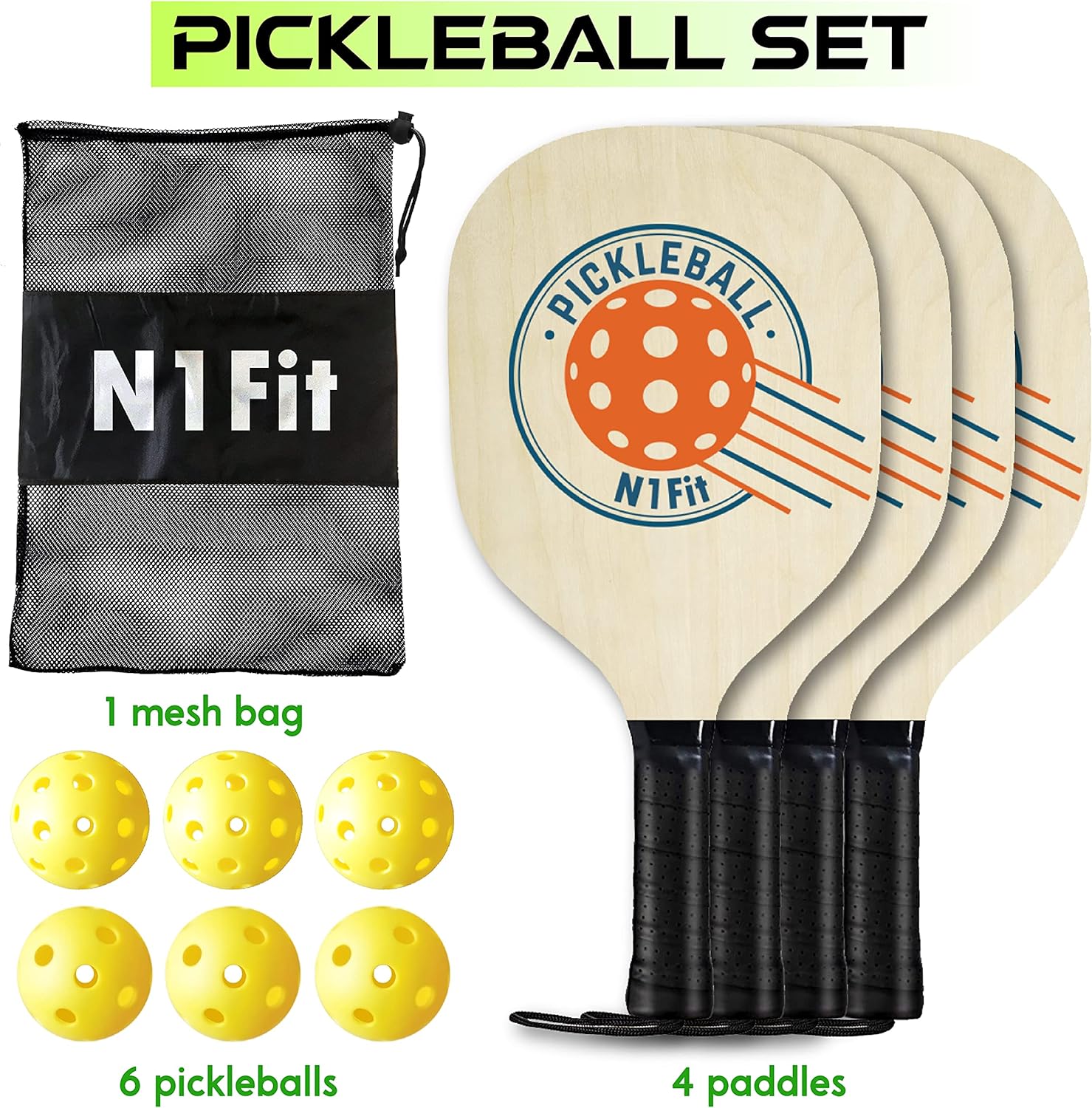 Wood Pickleball Paddle 4 Pack, Wooden Pickleball Paddles, Pickleball Set with 1 Carry Bag and 6 Balls, 7-ply Basswood, Pickle Ball Raquette Set with Ergonomic Cushion Grip, Pickleball Rackets