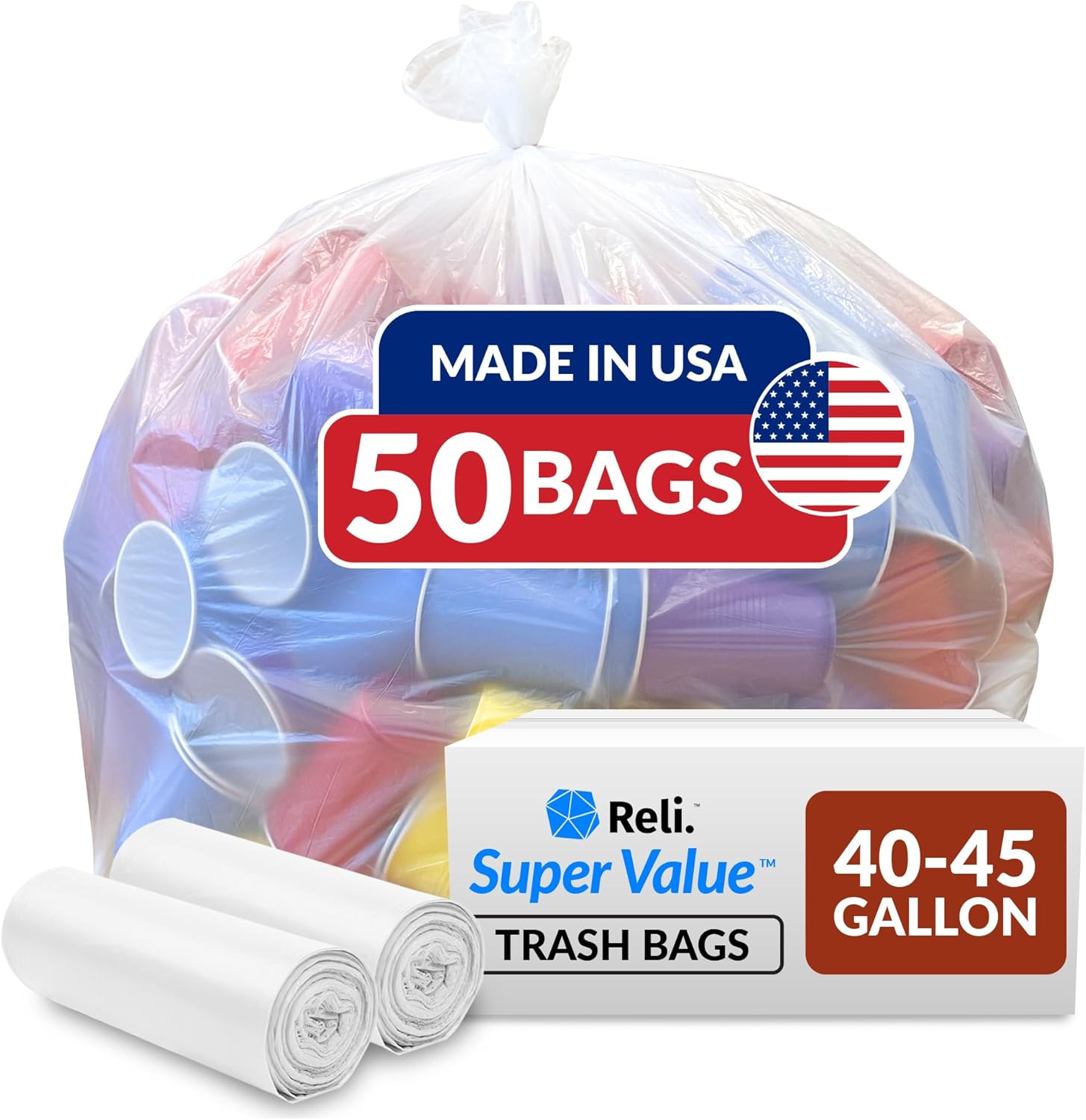 Reli. SuperValue 40-45 Gallon Trash Bags | 50 Count | Made in USA | Heavy Duty | Clear Multi-Use Garbage Bags