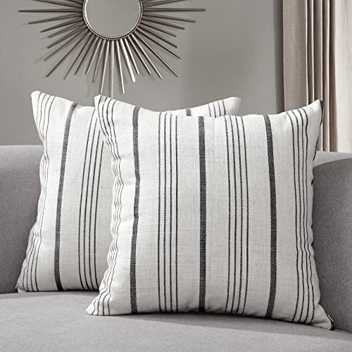Sunlit Decorative Farmhouse Throw Pillow Case, Cover Only, Set of 2 Cream/Off-White with Dark Gray Stripes Square Pillow Cover, 20