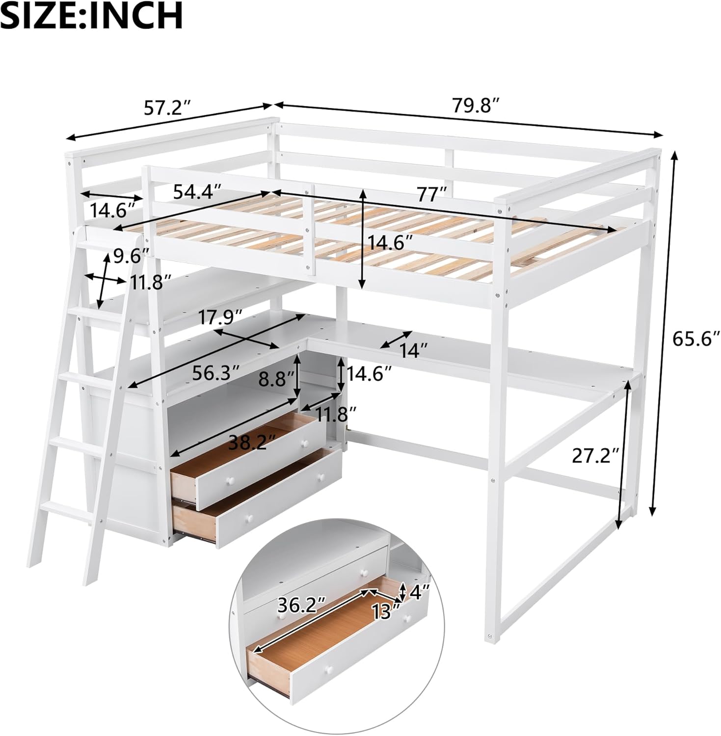 Full Size Wooden Loft Bed with Built-in Desk and Storage Drawers, Open Shelves, Wood Full Loft Bed Frame with Ladder and Safety Guardrails for Kids Teens Adults, White