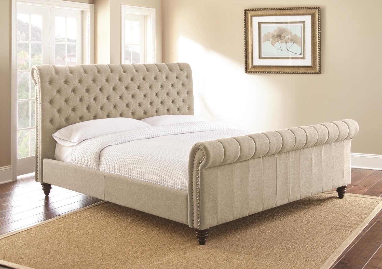 Steve Silver Swanson Tufted King Sleigh Bed in Sand Beige Upholstery