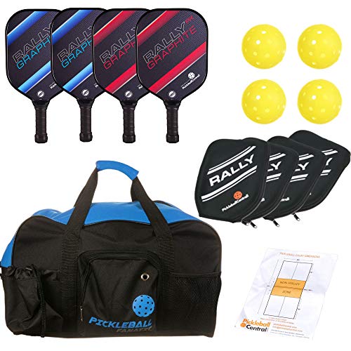 Rally PX Graphite Pickleball Paddle Set for 4 Players (4 Paddles, 4 Outdoor Pickleballs, 4 Paddle Covers, Pickleball Fanatic Duffel, Rules/Strategy Guide)