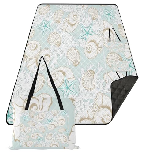 Seashell Extra Large Picnic Outdoor Blanket, Foldable Beach Blanket Waterproof Sandproof Camping Mat for Family Travel Park Wet Grass Hiking Yoga, 60 x 80 Inch