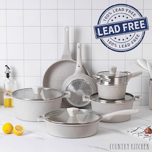 Country Kitchen Nonstick Induction Cookware Sets - 11 Piece Cast Aluminum Pots and Pans with BAKELITE Handles And Glass Lids (Cream)