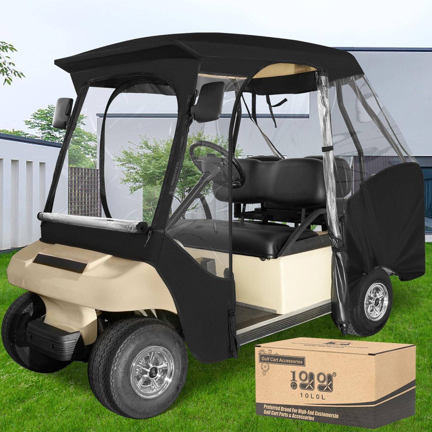 10L0L Golf Cart Enclosure 4 Passenger 600D for Club Car DS, with Security Side Mirror Openings and Taillight Visible, Waterproof Windproof Portable Transparent Golf Cart Rain Cover