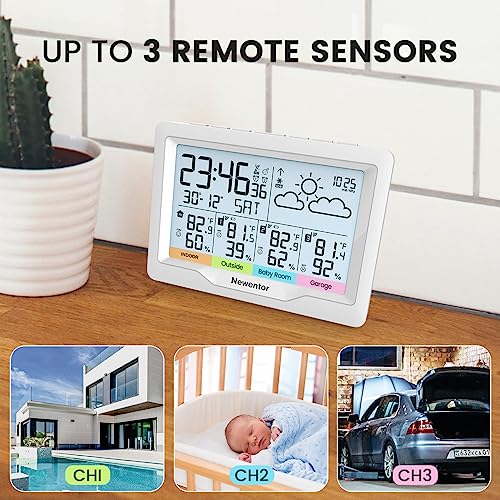 Newentor Weather Station Wireless Indoor Outdoor Multiple Sensors, Digital Atomic Clock Weather Thermometer, Temperature and Humidity Monitor, Forecast Weather Station with Backlight, Black