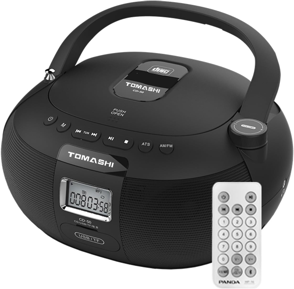 CD-50 CD Player Boombox in Black Portable CD Player | Stereo Sound | LCD Display | USB/TF Card Drive Supported | Headphone Jack