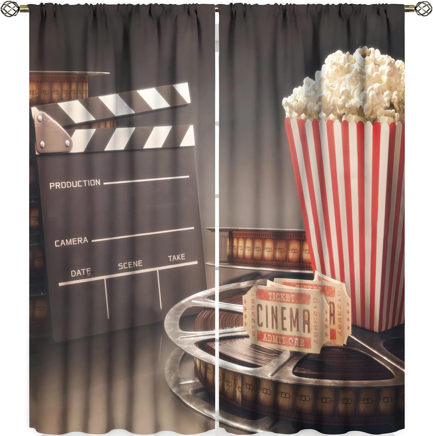NC Movie Theater Blackout Curtains,Old Fashion Related to Cinema Film Reel Motion Picture Popcorn,Window Drapes 2 Panel Set for Bedroom Living Room Kitchen Window Curtains Apartment Decor 42x63in