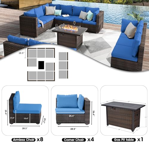 13 Pieces Outdoor Sectional Patio Furniture Set with Fire Pit Table PE Rattan Wicker Patio Sectional Conversation Set with Cushions Black