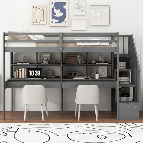 Twin Size Loft Bed with 2 Desks and Shelves, Storage Staircase, Wood Loft Bed Frame with Stairs and Guardrails for Kids Teens Adults, White