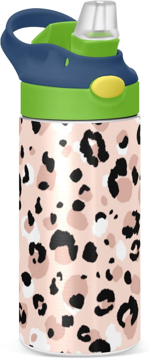 Pink Leopard Water Bottle for Kids, 12 oz Leakproof Double Walled Insulated Stainless Steel Water Bottle Travel Tumbler with Straw Lid for Girls Boys Toddlers