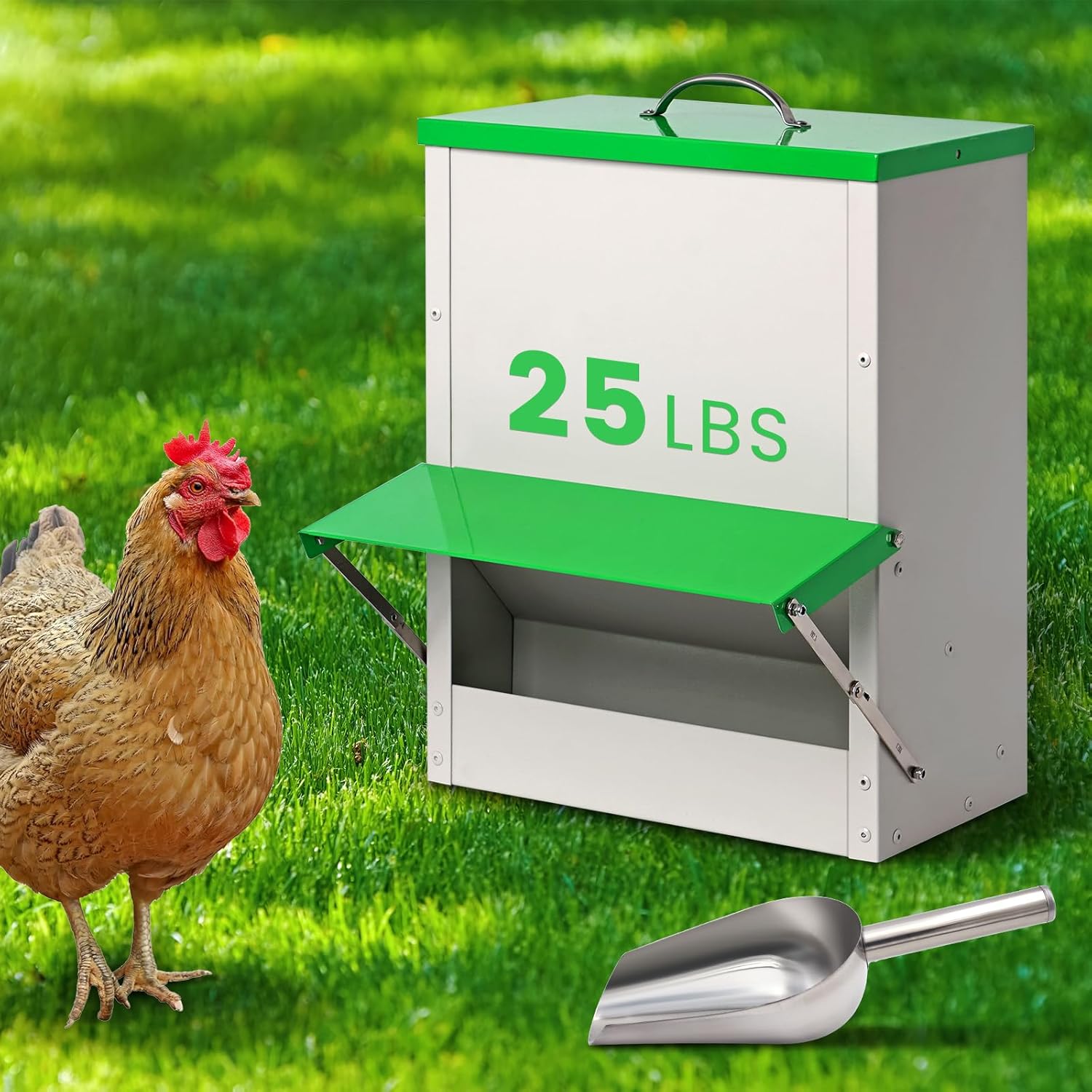 25lb Metal Automatic Chicken Feeders no Waste Poultry Feeder Large Chicken Coop Feeders with Lid Hanging Chicken Feeder Trough for Quail Chickens Ducks Feeder Outside Waterproof Chicken Feeder