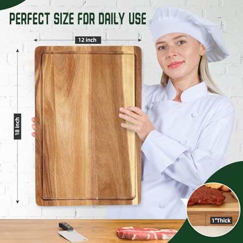 XL Cutting Board, 18x12 Large Acacia Wooden Cutting Board for Kitchen, Edge Grain Wood Chopping Board with Juice Groove and Handles, Pre-Oiled Carving Tray for Meat & Cheese