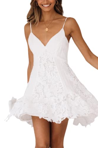 MOOSSIS Womens V-Neck Spaghetti Strap Backless Sleeveless Lace Mini Swing Skater Cocktail Dress