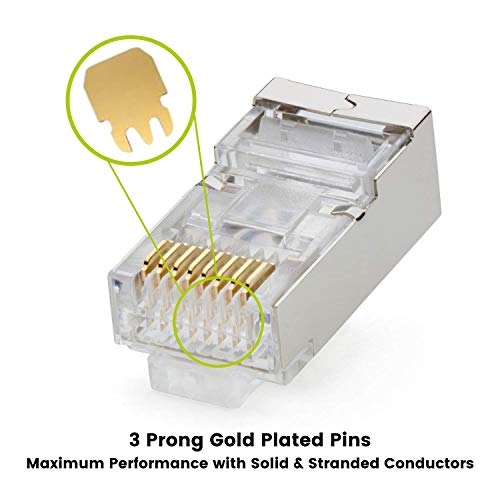 trueCABLE Cat6/6A RJ45 Pass Through Modular Plugs, Shielded (STP) External Ground Connector, UL Listed, EZ Crimp, Gold Plated 3 Prong 8P8C, 100 Pieces
