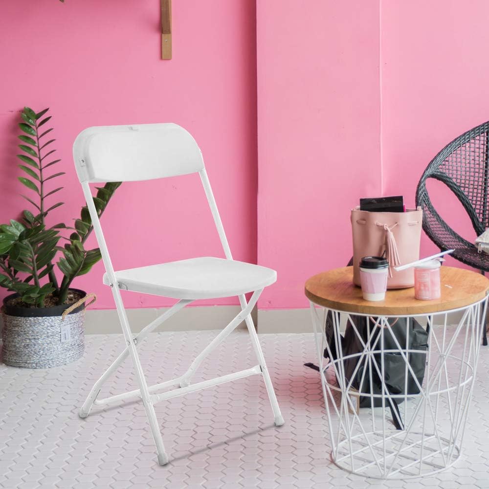 10 Pack White Plastic Folding Chairs, Indoor Outdoor Portable Stackable Commercial Seat with Steel Frame 260lb, Capacity for Events Office Wedding Party Picnic Kitchen Dining