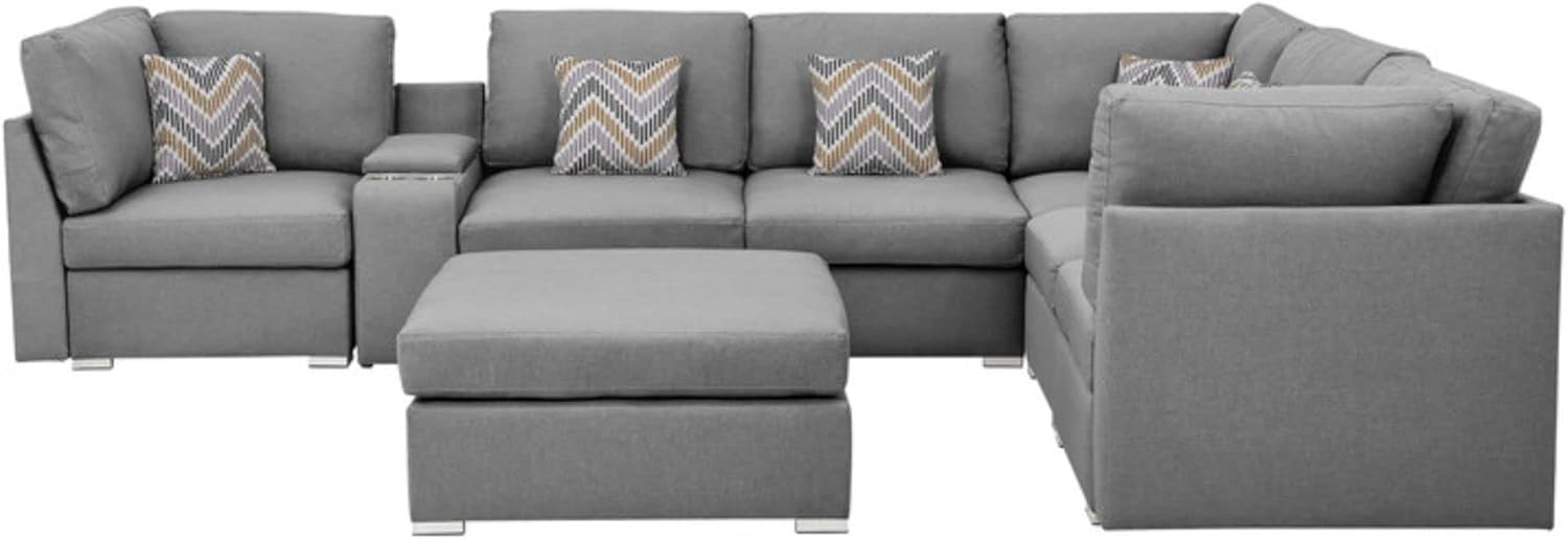Lilola Home Amira Gray Fabric Reversible Modular Sectional Sofa with USB Console and Ottoman