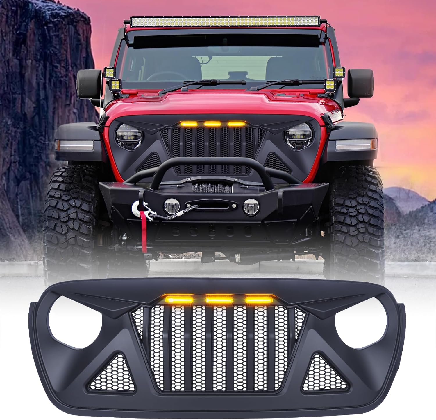 Front Grill for 2018-2022 2023 Jeep Wrangler JL JLU Gladiator JT Grille Aftermarket Front Grille with Amber LED Grills Lights fit 2020 2021 2022 2023 Jeep Gladiator JT Grille Accessories