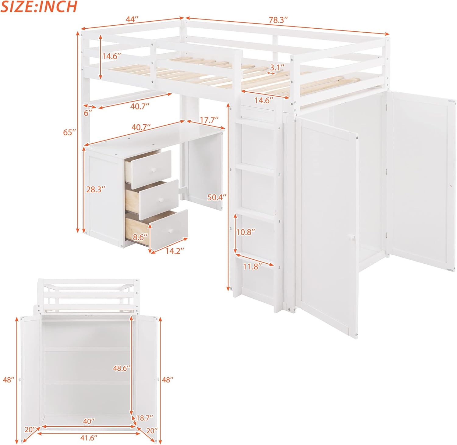 Merax Twin Size Loft Bed with Desk and Wardrobe, Wooden Loft Bed with 3 Drawers and Wood Slat Support for Kids Teens Adults, White