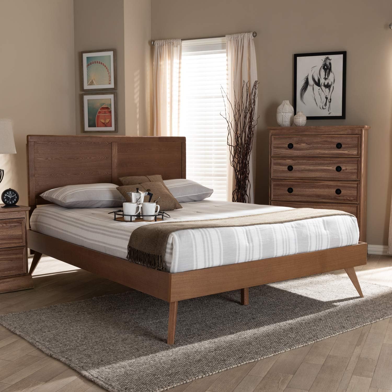 Baxton Studio Zenon Mid-Century Modern Walnut Brown Finished Wood King Size Platform Bed
