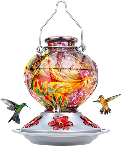BOLITE Hummingbird Feeder, Hand Blown Glass Hummingbird Feeders for Outdoors Hanging, 22 Ounce, 5 Feeding Ports with Perch, Peony Flower Shape, Purple