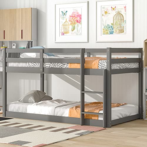 Solid Wood Twin Over Twin Floor Bunk Bed with Ladder, Safety Guard Rails, Wooden Twin Bunk Beds for Teens/Adults, Low Bed Frame Bedroom Furniture, Twin Bed Frame No Box Spring Needed, White
