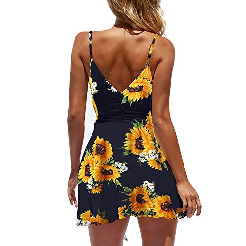 CASURESS Women Dress Summer V Neck Mini Floral Print Swing Dress Sleeveless Spaghetti Strap Skater Dresses with Belt