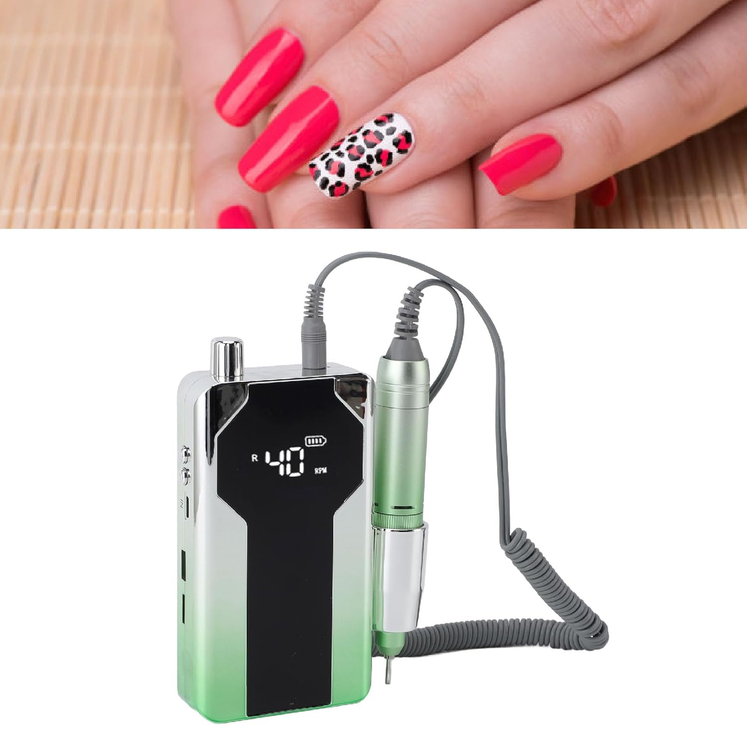 Portable Nail Drill Professional 40000RPM, Electric Nail File Rechargeable Forward Reverse Speed Adjustable Manicure Nail Drill with 6pcs Sanding Rings Heads