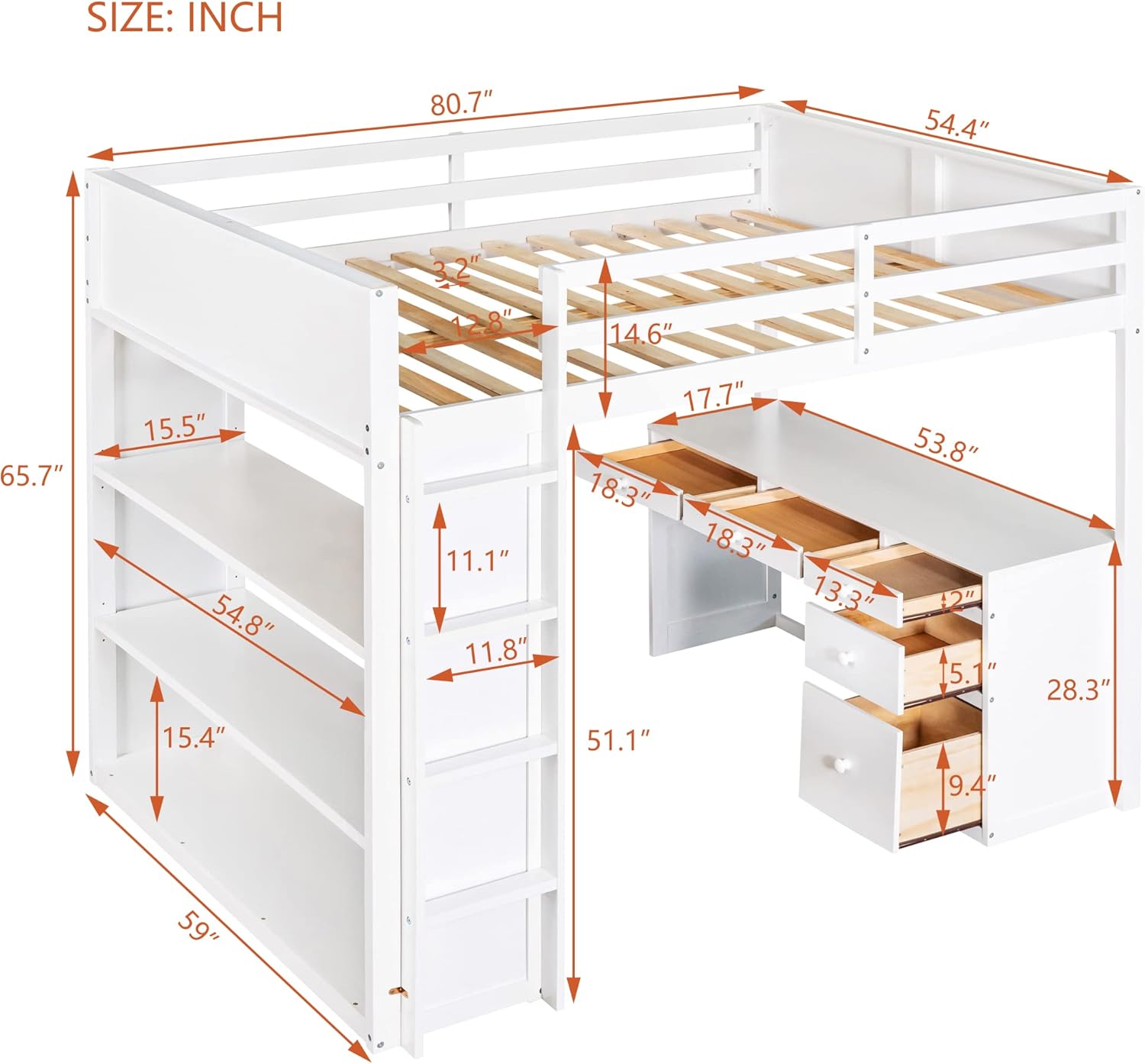 BOVZA Full Loft Bed with Desk, 5 Drawers and 3 Storage Shelves, Wooden Full Size Loft Bed Frame with Full-Length Guardrail and Ladder, for Kids, Teens, Adults, White