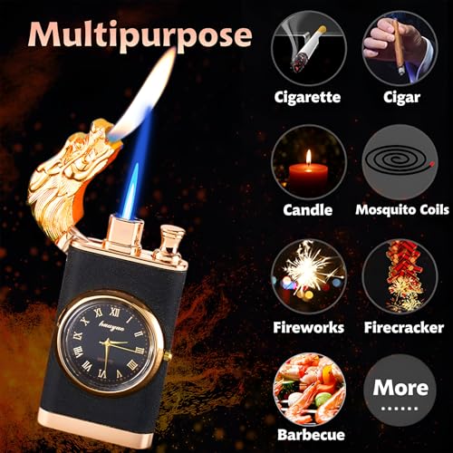 Torch Lighter, Frosted Magic Dual Flame Dragon Lighter with Quartz Watch, Creative Adjustable Flame Windproof Lighter, Cool Jet Flame Lighter Refillable Butane for Gifts Outdoor(Without Butane)-Dragon