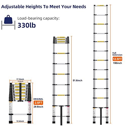 12.5FT Telescoping Ladder- Multi-Purpose Aluminum Extension Ladder Adjustable Compact Ladder for Household, RV, Outdoor, 330lbs Max Capacity