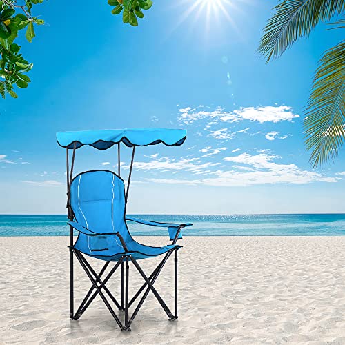 Camping Chairs with Shade, Foldable Canopy Chair, Folding Camping Shade Chair for Outdoor, Camping, Patio, Support 350 LBS, Blue