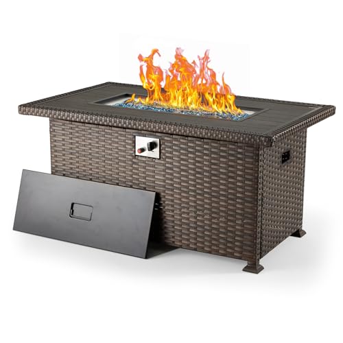 HOMREST Propane Fire Pit Table, 44 Inch 50,000 BTU Auto-Ignition Gas Fire Pit Table Rectangular, Wood Plastic Composites Tabletop, CSA Certification Firepit for Outdoor Patio Lawn(Brown)