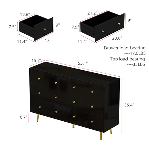 Homsee Black 9 Drawer Double Dresser with Metal Legs & Handles, 55.1