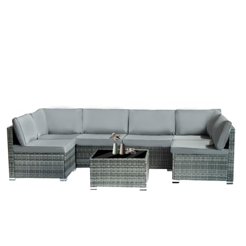 Patio Furniture Set 7 Pieces Outdoor Rattan Chair Wicker Sofa Garden Conversation Bistro Sets for Yard,Pool or Backyard (Brown + Rice Cloth)