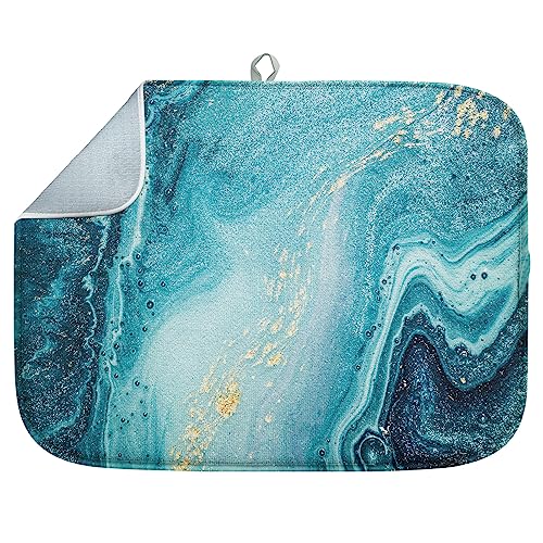 Absorbent Dish Drying Mat, Turquoise Contemporary Teal Gray Microfiber Pad for Kitchen Counter, Coffee Bar Decor, Heat Resistant and Reversible, 16