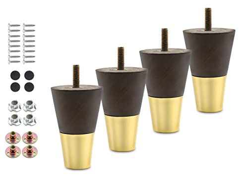 4pcs 4 Inch Wood Furniture Legs, Straight Conical Solid Wood Sofa Legs, Brown Mid-Century Style Furniture Feet for Sofa Cabinet Table Cupboard Couch Ottoman Home DIY Projects