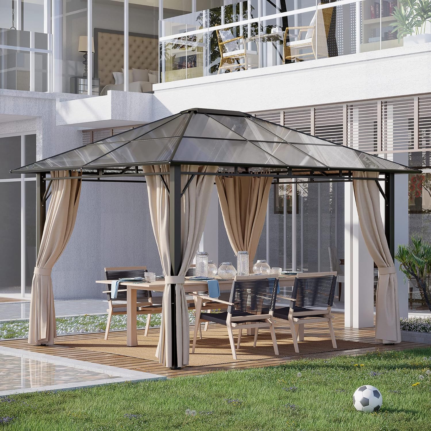 Outsunny 10' x 12' Hardtop Gazebo Canopy with Polycarbonate Roof, Aluminum Frame, Permanent Pavilion Outdoor Gazebo with Netting, for Patio, Garden, Backyard, Deck, Lawn, Off-White