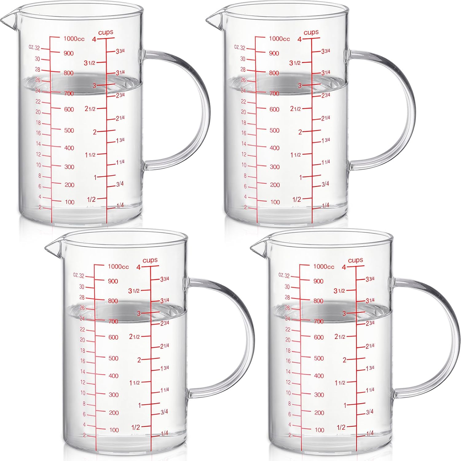 Hushee 4 Pcs 34 Oz Glass Measuring Cup 1000cc/4 Cup Liquid Measuring Cups High Borosilicate Microwavable Measuring Cup with 3 Scales (CC/Oz/Cup) Handle and V Shaped Spout for Kitchen Restaurant
