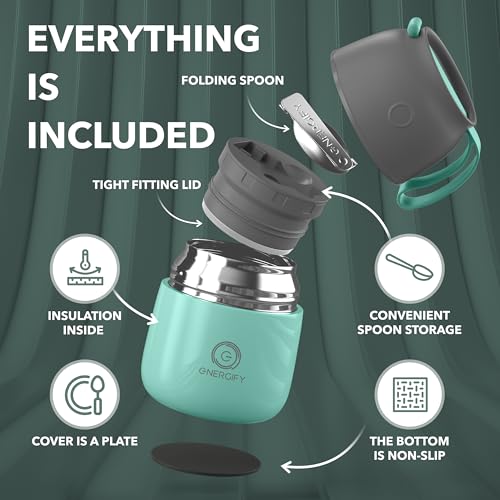 Vacuum Insulated Food Jar. Portable 12oz Thermos incl. Folding Spoon, Cup. Hot & Cold Drinks, Heated Soup, Lunch Container for kids & adults. Premium BPA-Free Stainless Steel, Leak Proof Fusion Coral