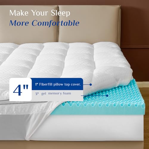 Dual Layer 4 Inch Memory Foam Mattress Topper Queen Size, 3 Inch Cooling Egg Crate Gel Memory Foam Plus 1 Inch Down Alternative PillowTop Mattress Pad Cover with 8-21 Inch Deep Pocket