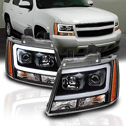 AmeriLite for 2007-2013 Chevy Avalanche/Suburban/Tahoe Switchback LED Turn Siganl Tube Chrome Projector Headlights Assembly Pair - Passenger and Driver Side