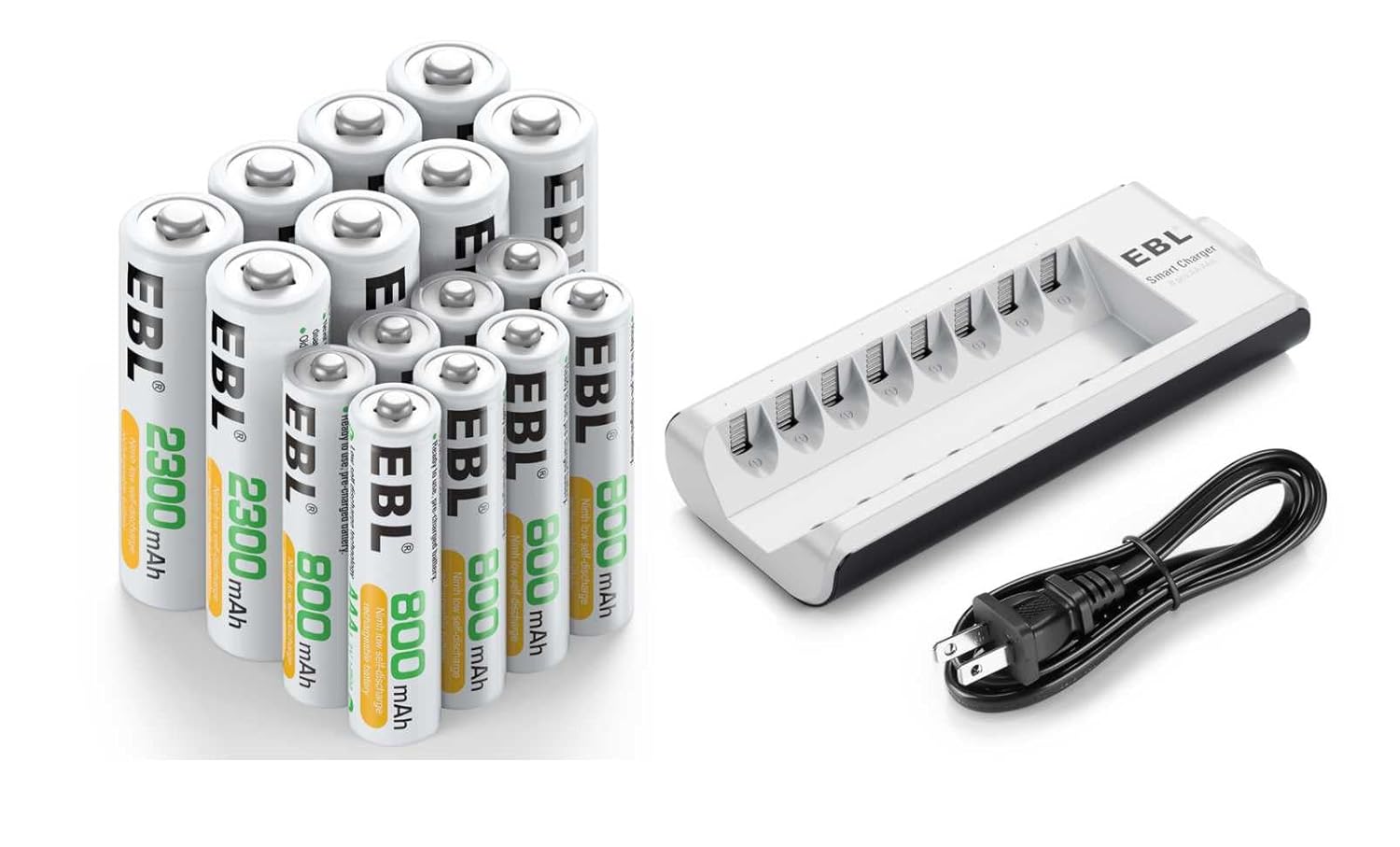 EBL Rechargeable AA AAA Batteries with Charger, AA Batteries 2300mAh 8-Pack and AAA Batteries 800mAh 8-Pack with 8-Bay Battery Charger