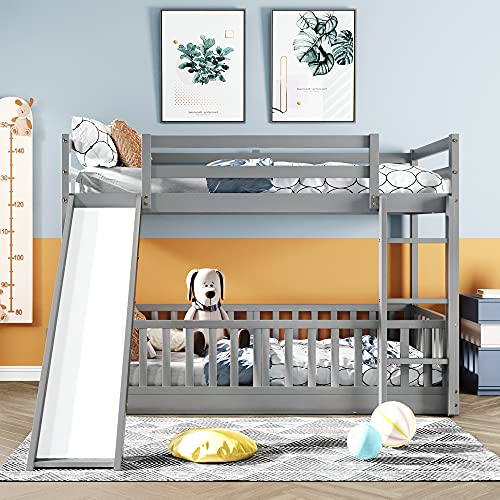 Twin Over Twin Bunk Bed with Slide and Ladder, Functional Playhouse Design Wood Bed Frame with Full-Length Guardrails, No Box Spring Required, 77.3