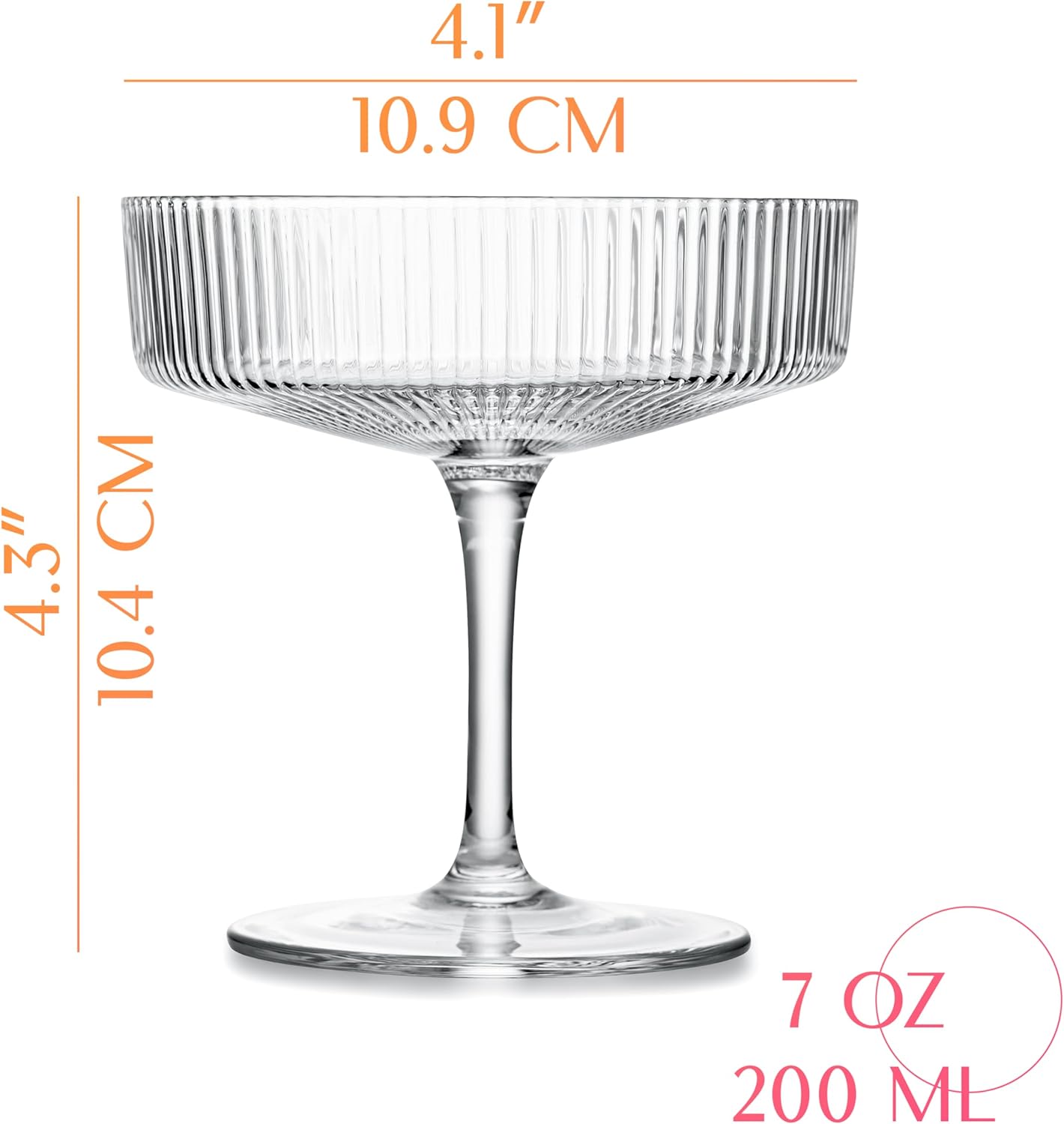 Vintage Art Deco Coupe Glasses | Set of 4 | 7 oz Classic Cocktail Glassware for Champagne, Martini, Manhattan, Cosmopolitan, Sidecar | Crystal Speakeasy Style Saucer Goblets with Stems