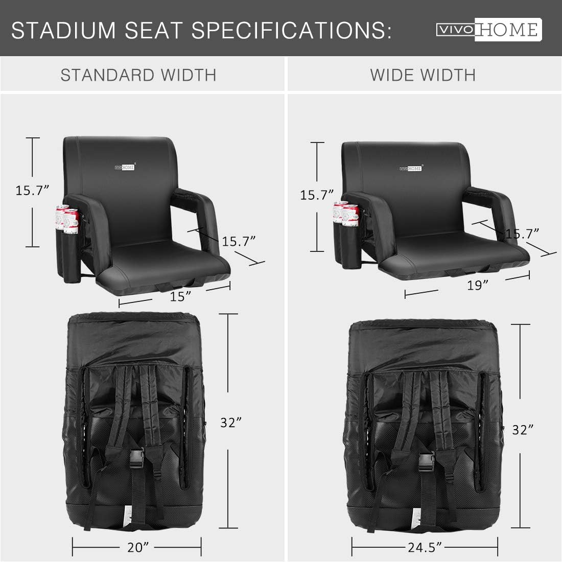 VIVOHOME Reclining Stadium Seat Chair with Backrest and Armrests, Portable Cushion for Bleachers Portable Stadium Seat for Bleachers with Back Support, Folding Bleacher Chair